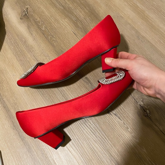 Brand new square buckle toe jewel shoes mid heel red - Picture 4 of 5